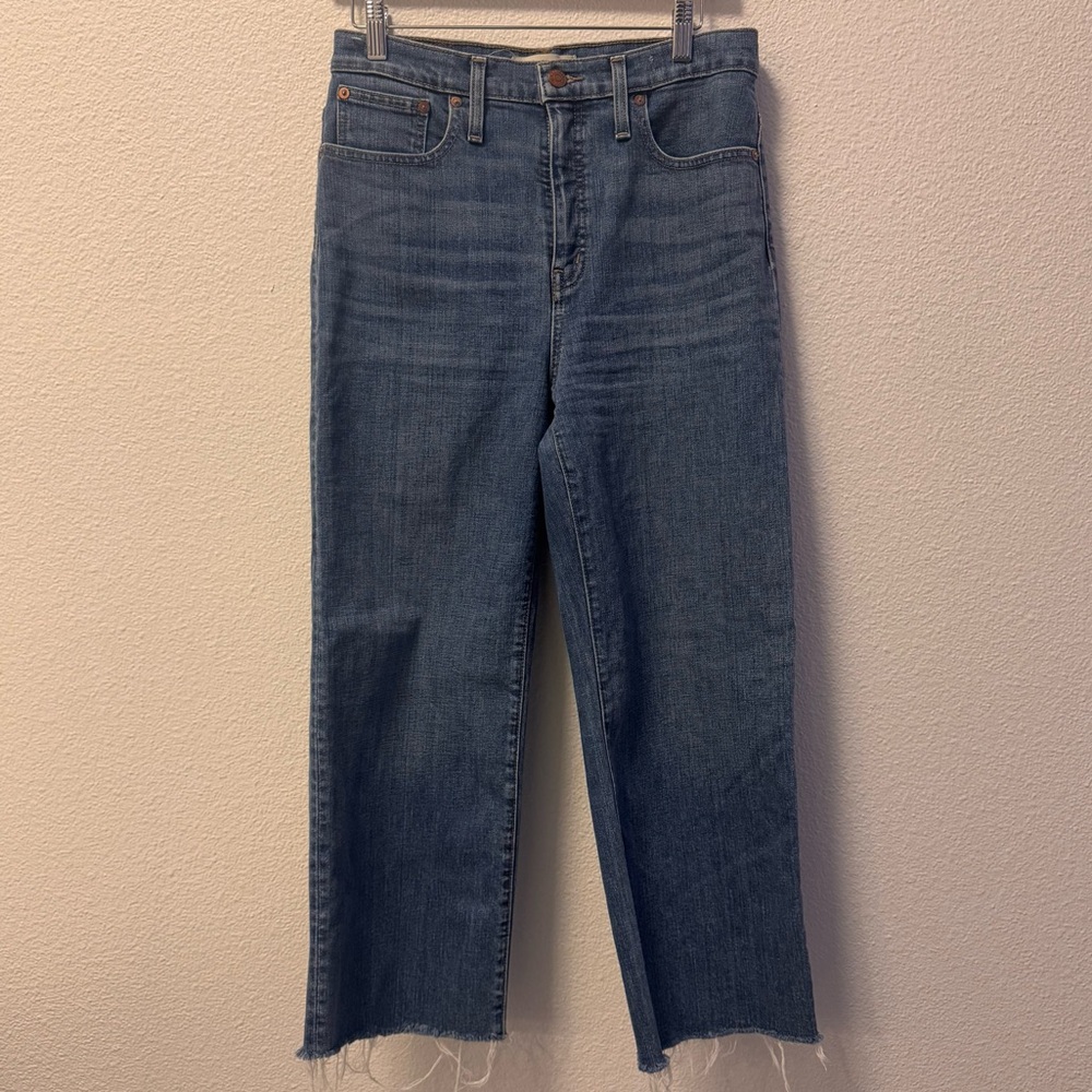 Madewell Slim Wide-Leg Crop High Rise Denim Jeans Raw Hem Size 28 Cotton Blue